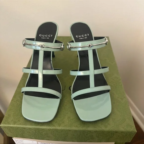 GUCCI Regent Calfskin Horsebit Mid Heel Sandals 36.5 Pacific Green - Picture 6 of 7